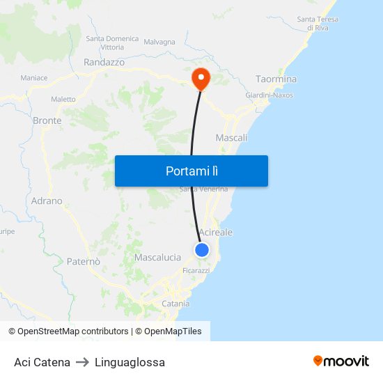 Aci Catena to Linguaglossa map