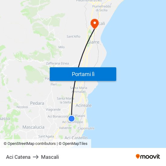 Aci Catena to Mascali map