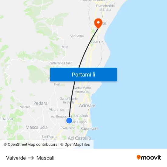 Valverde to Mascali map