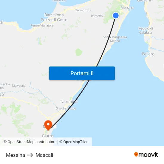 Messina to Mascali map