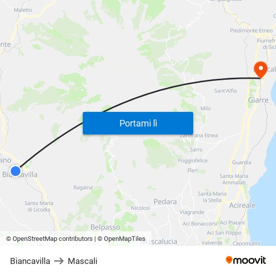 Biancavilla to Mascali map