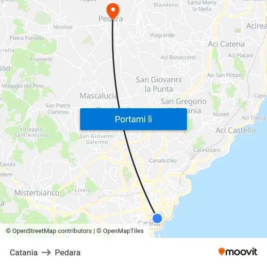 Catania to Pedara map