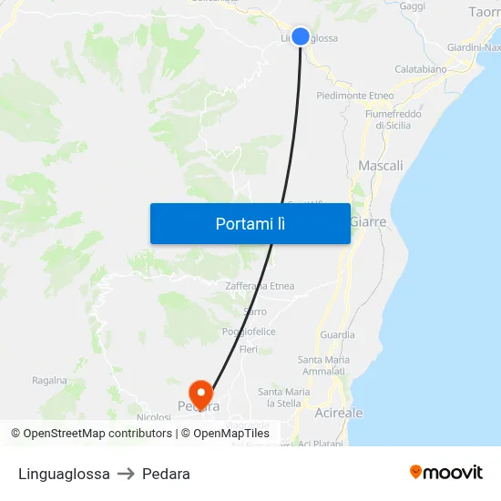 Linguaglossa to Pedara map