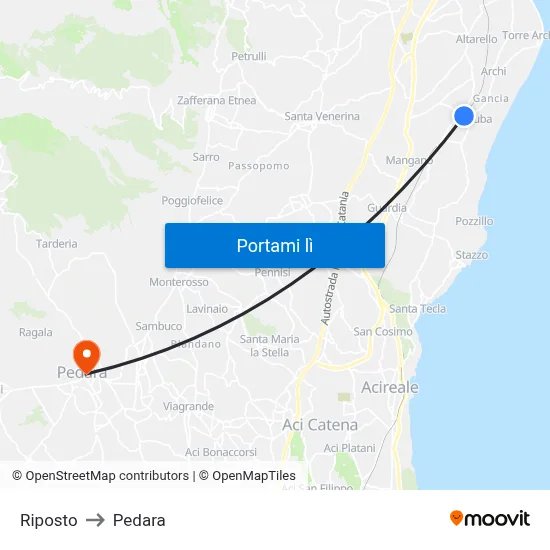 Riposto to Pedara map