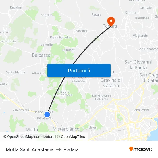 Motta Sant' Anastasia to Pedara map