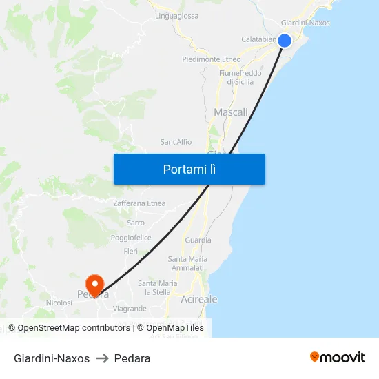 Giardini-Naxos to Pedara map