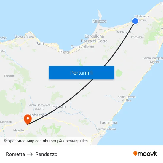 Rometta to Randazzo map