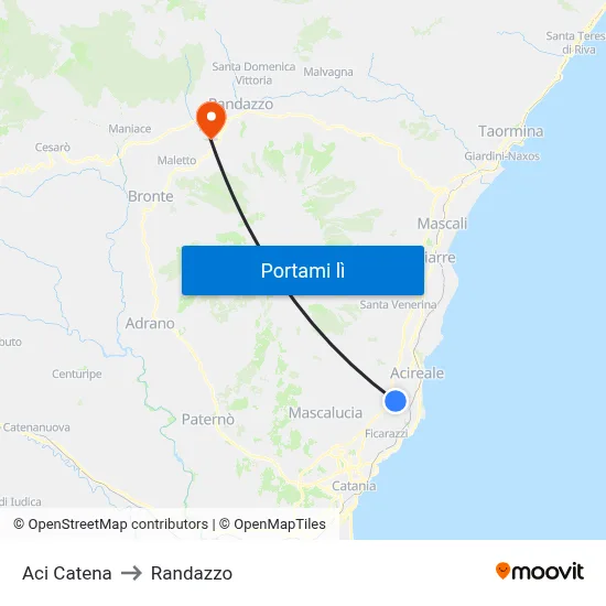 Aci Catena to Randazzo map