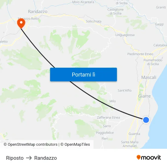 Riposto to Randazzo map