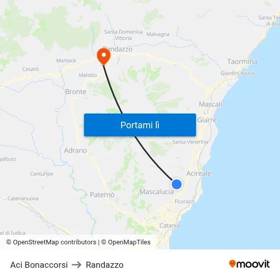 Aci Bonaccorsi to Randazzo map