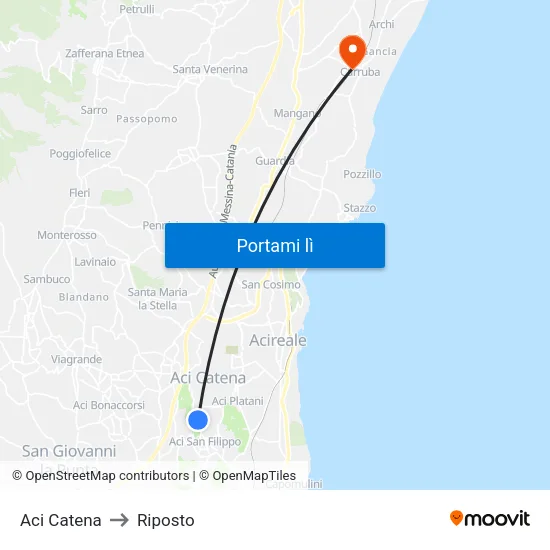 Aci Catena to Riposto map