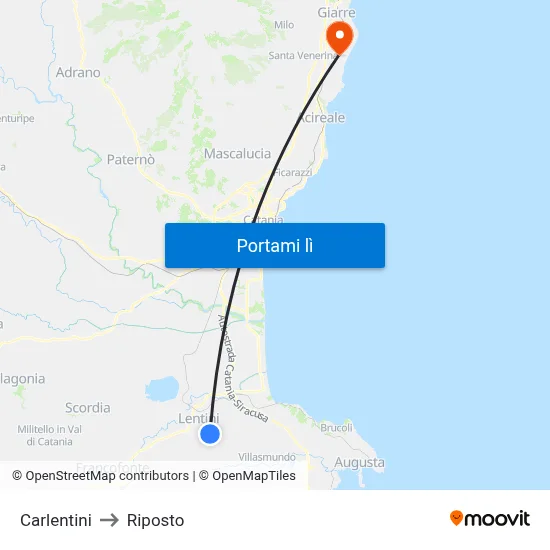 Carlentini to Riposto map