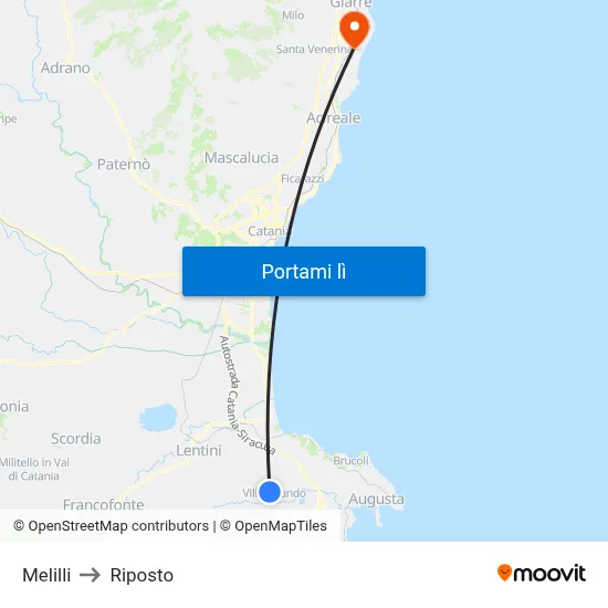 Melilli to Riposto map