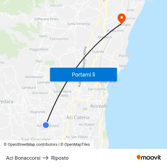 Aci Bonaccorsi to Riposto map