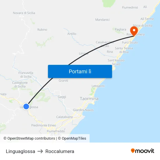 Linguaglossa to Roccalumera map