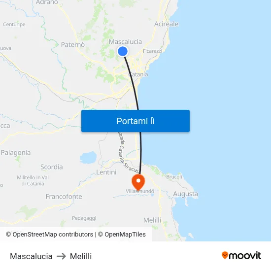 Mascalucia to Melilli map