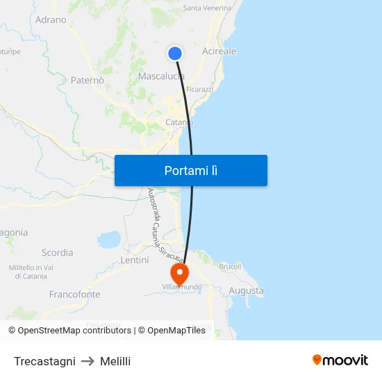 Trecastagni to Melilli map