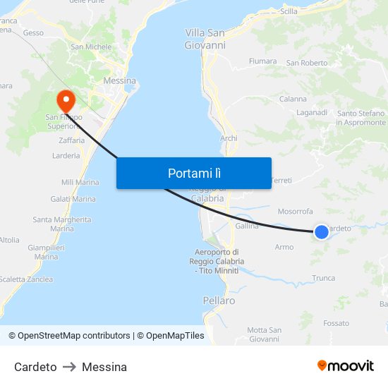 Cardeto to Messina map