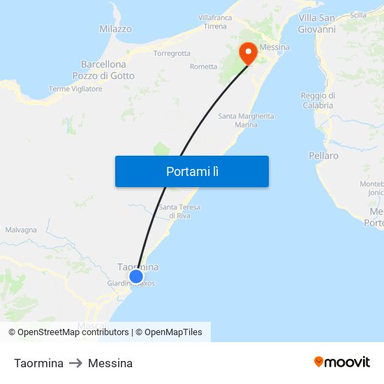 Taormina to Messina map