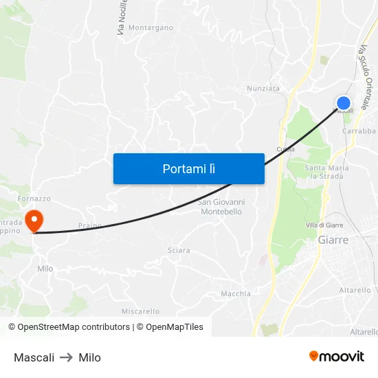 Mascali to Milo map