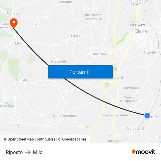 Riposto to Milo map
