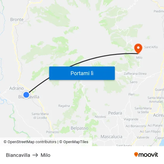 Biancavilla to Milo map