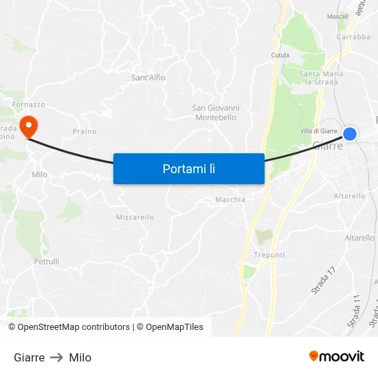 Giarre to Milo map