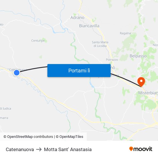 Catenanuova to Motta Sant' Anastasia map