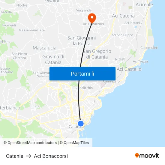 Catania to Aci Bonaccorsi map