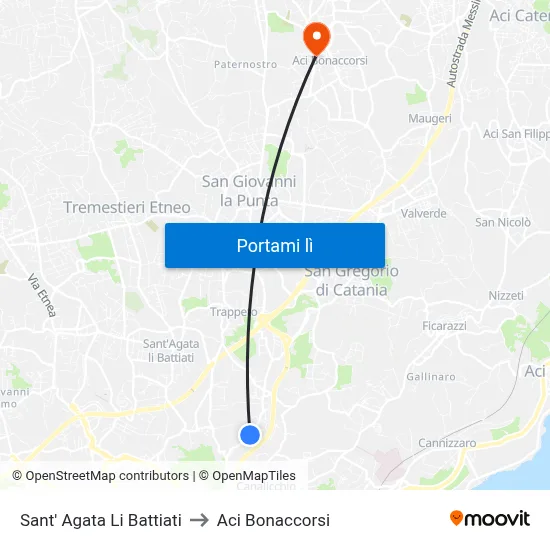 Sant' Agata Li Battiati to Aci Bonaccorsi map