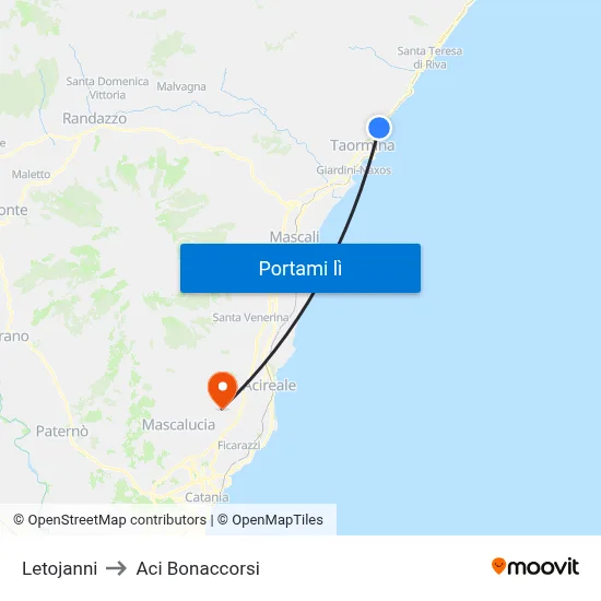Letojanni to Aci Bonaccorsi map