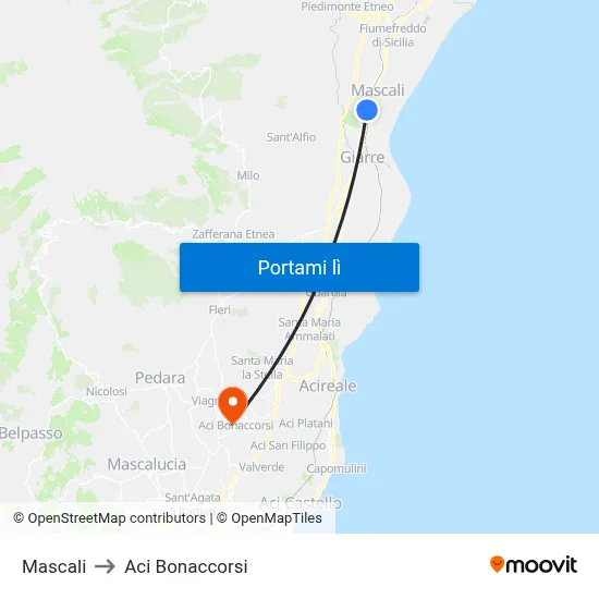 Mascali to Aci Bonaccorsi map
