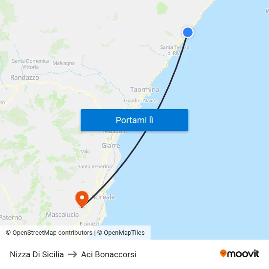Nizza Di Sicilia to Aci Bonaccorsi map