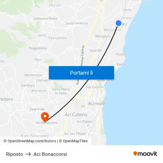 Riposto to Aci Bonaccorsi map