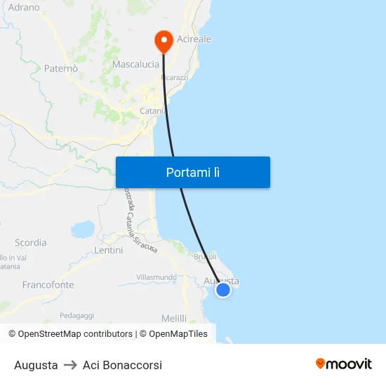 Augusta to Aci Bonaccorsi map