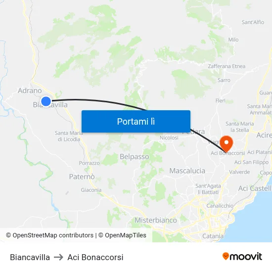 Biancavilla to Aci Bonaccorsi map