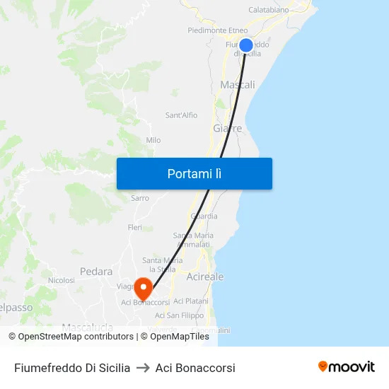 Fiumefreddo Di Sicilia to Aci Bonaccorsi map