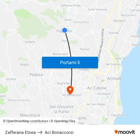 Zafferana Etnea to Aci Bonaccorsi map