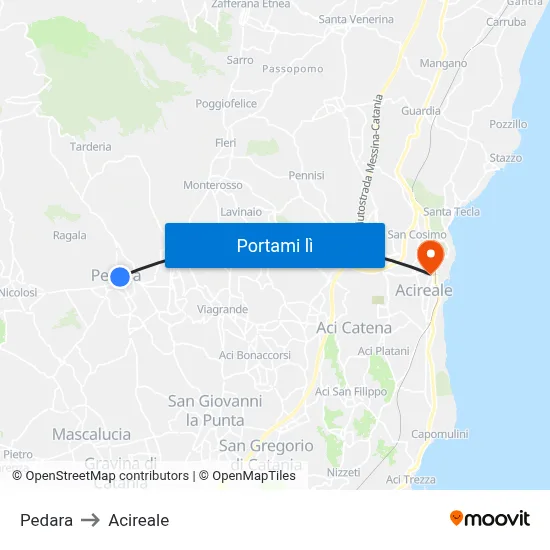 Pedara to Acireale map