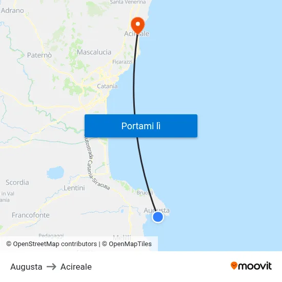 Augusta to Acireale map