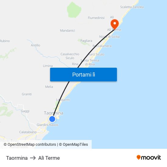 Taormina to Alì Terme map