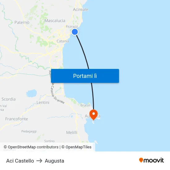 Aci Castello to Augusta map