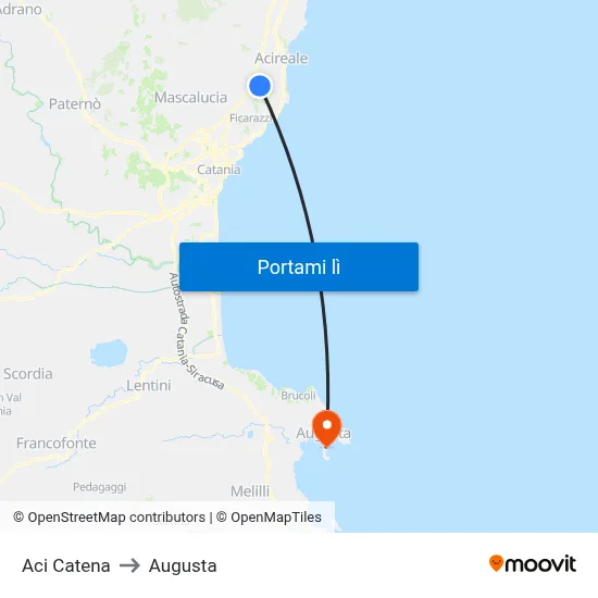 Aci Catena to Augusta map