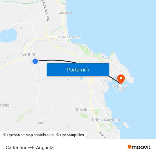 Carlentini to Augusta map