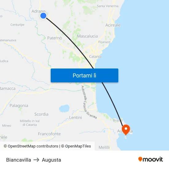 Biancavilla to Augusta map