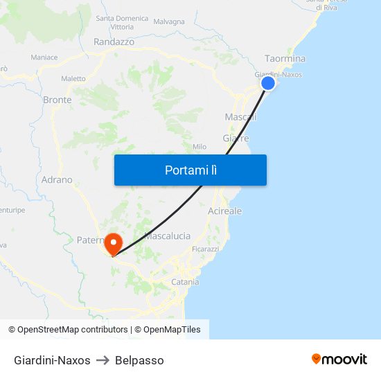 Giardini-Naxos to Belpasso map