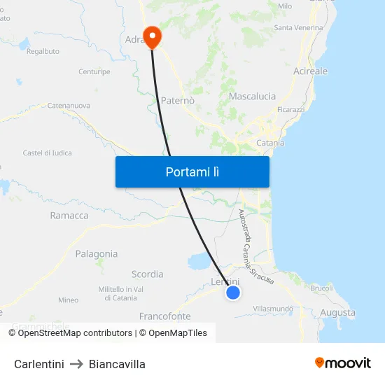 Carlentini to Biancavilla map