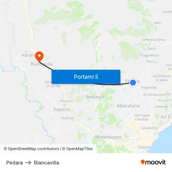 Pedara to Biancavilla map