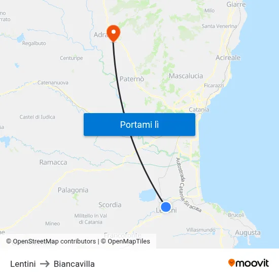 Lentini to Biancavilla map