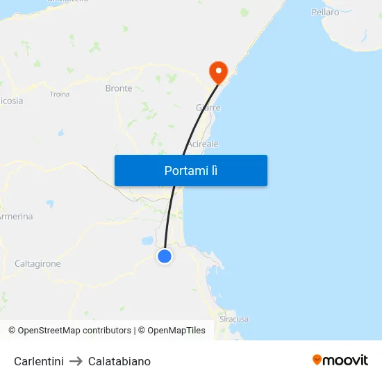 Carlentini to Calatabiano map
